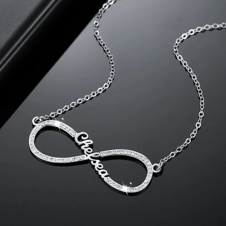 Silver Infinity Love Necklace showcasing its elegant finish and infinity design.