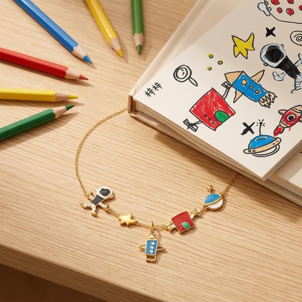 Child’s drawing displayed beside the personalised Little Artist Keepsake Necklace inspired by the artwork.
