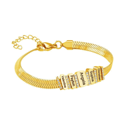 Close-up of the gold Forever Family Bracelet featuring personalised family name charms.
