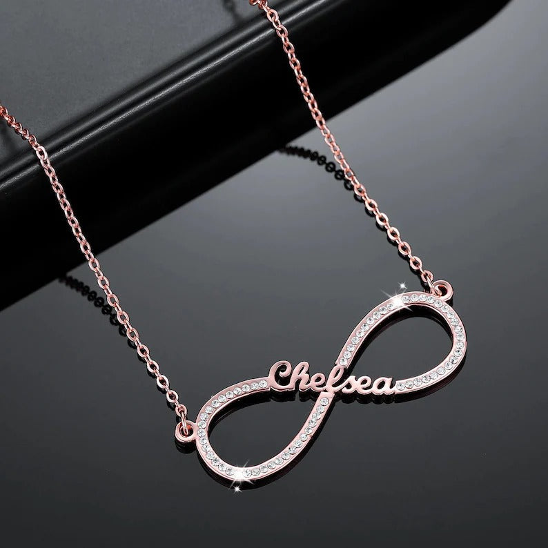 Rose gold Infinity Love Necklace displayed to highlight its finish and infinity detail.